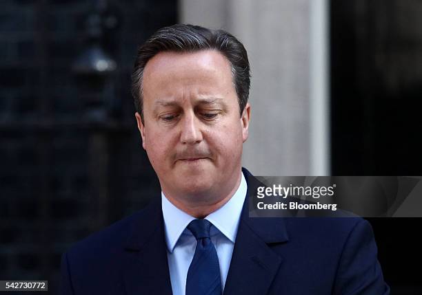 David Cameron, U.K. Prime minister and leader of the Conservative Party, reacts as he delivers his resignation speech in Downing Street following the...