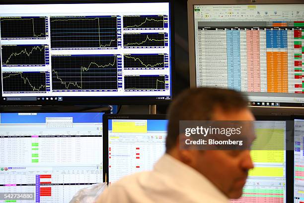 Financial trader monitors data following the U.K's European Union referendum vote results inside Frankfurt Stock Exchange in Frankfurt, Germany, on...