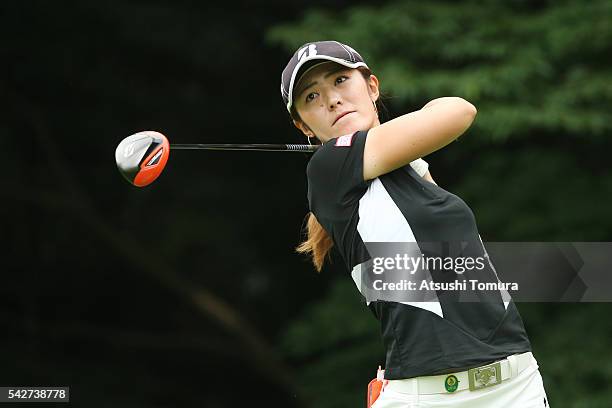 Ayaka Watanabe of Japan hits her tee shot on the 14th hole during the second round of the Earth Mondamin Cup at the Camellia Hills Country Club on...