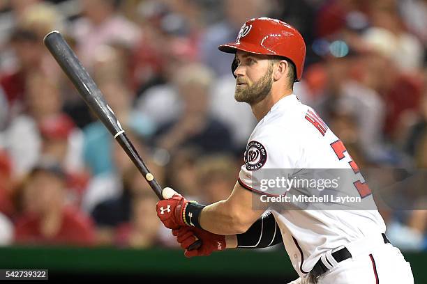 Bryce Harper of the Washington Nationals takes a swing during a baseball game against the Chicago Cubs at Nationals Park on June 13, 2016 in...