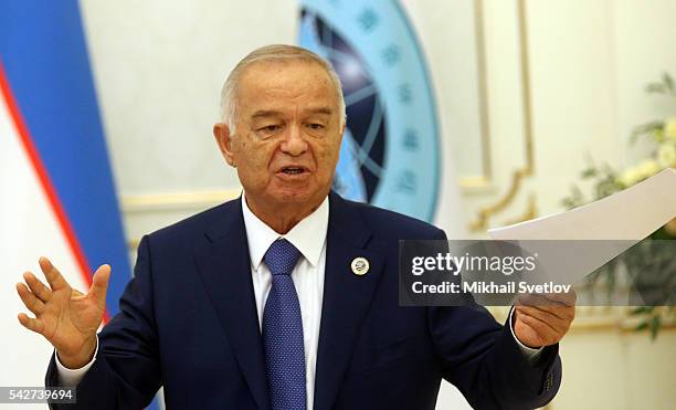 Uzbek President Islam Karimov speaks during the Shanghai Cooperation Organisation Summit on June 24, 2016 in Tashkent, Uzbekistan. Leaders of China,...
