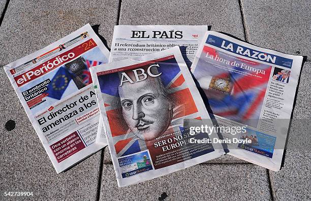 In this photo illustration, The Spanish newspaper ABC shows the cover headline which reads 'To Be or Not To Be European', with La Razon's banner...