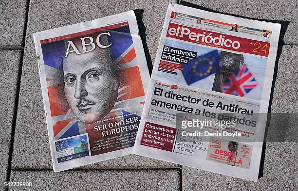 In this photo illustration, The Spanish newspaper ABC shows the cover headline which reads 'To Be or Not To Be European' while El Periodico reads...