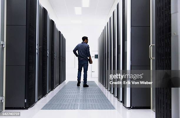 people working in modern server room - server di rete foto e immagini stock