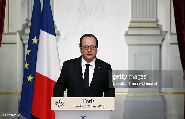 French President Francois Hollande makes a statement following the results of the United Kingdom's EU referendum at the Elysee Presidential palace on...