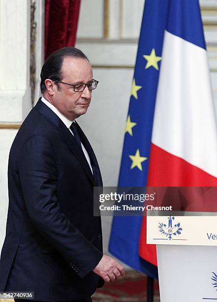 French President Francois Hollande arrives to make a statement following the results of the United Kingdom's EU referendum at the Elysee Presidential...