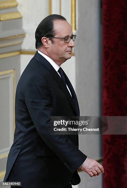 French President Francois Hollande arrives to make a statement following the results of the United Kingdom's EU referendum at the Elysee Presidential...