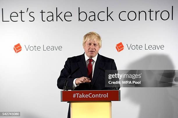 Boris Johnson MP speaks during a press conference following the results of the EU referendum at Westminster Tower on June 24, 2016 in London,...