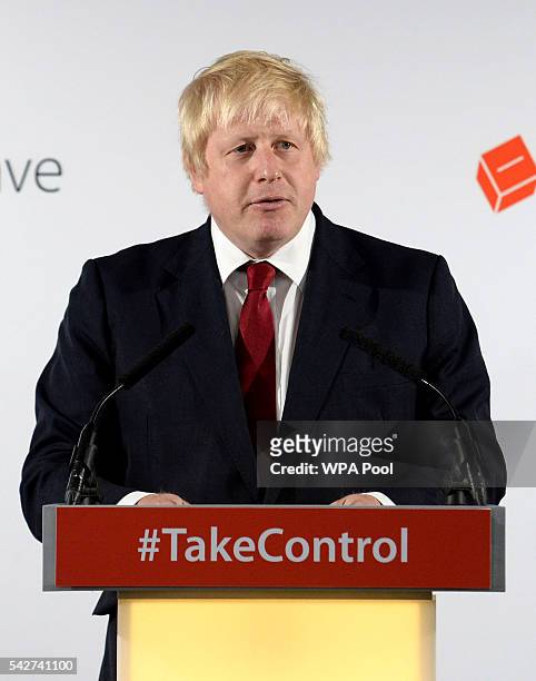 Boris Johnson MP speaks during a press conference following the results of the EU referendum at Westminster Tower on June 24, 2016 in London,...