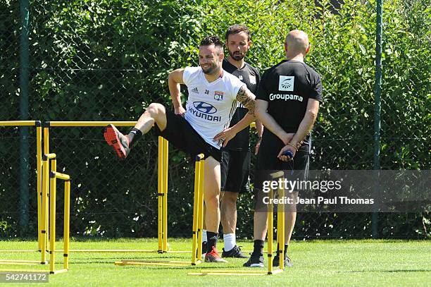 Antonio PINTUS and Mathieu VALBUENA of Lyon during First Session Training of Olympique Lyonnais at Centre Tola Vologe on June 24, 2016 in Lyon,...