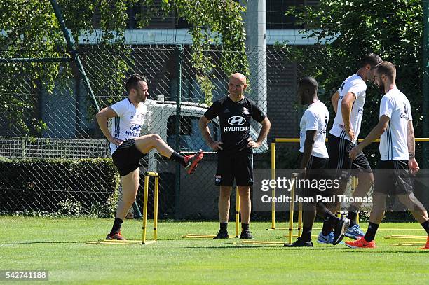 Antonio PINTUS and Mathieu VALBUENA of Lyon during First Session Training of Olympique Lyonnais at Centre Tola Vologe on June 24, 2016 in Lyon,...