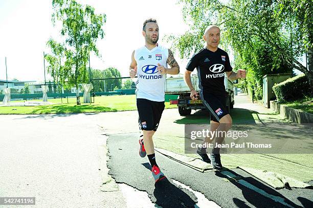 Antonio PINTUS and Mathieu VALBUENA of Lyon during First Session Training of Olympique Lyonnais at Centre Tola Vologe on June 24, 2016 in Lyon,...