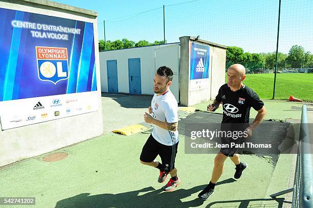 Antonio PINTUS and Mathieu VALBUENA of Lyon during First Session Training of Olympique Lyonnais at Centre Tola Vologe on June 24, 2016 in Lyon,...