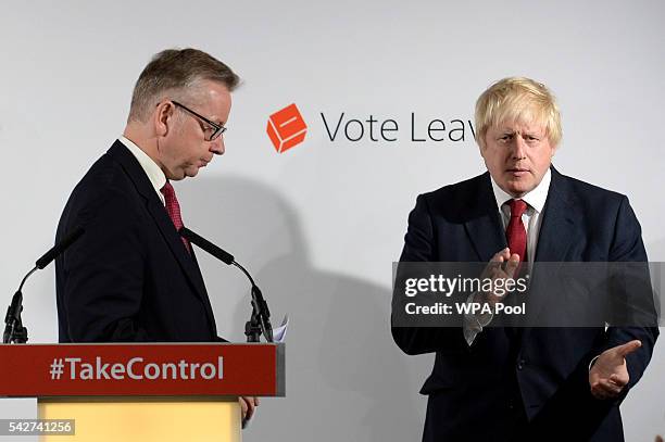 Boris Johnson MP and Michael Gove MP hold a press conference following the results of the EU referendum at Westminster Tower on June 24, 2016 in...