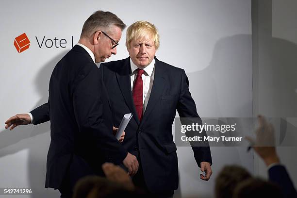 Conservative MP Boris Johnson and Justice Secretary Michael Gove leave after speaking following the results of the EU referendum at Westminster Tower...