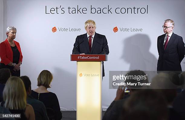 Conservative MP Boris Johnson speaks following the results of the EU referendum as Labour MP Gisela Stuart and Justice Secretary Michael Gove listen...