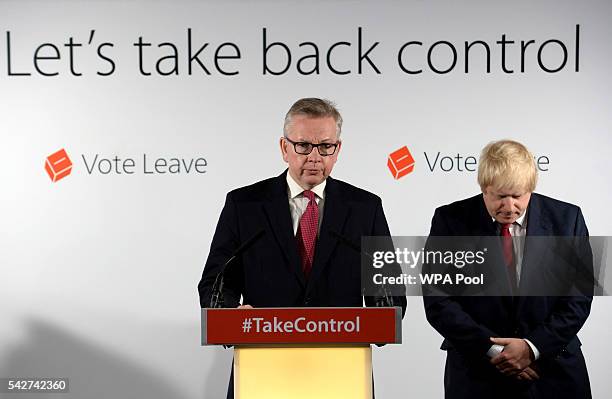 Michael Gove MP speaks during a press conference following the results of the EU referendum at Westminster Tower on June 24, 2016 in London, England....