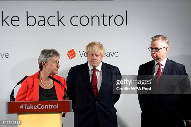 Gisela Stuart, Boris Johnson and Michael Gove hold a press conference following the results of the EU referendum at Westminster Tower on June 24,...