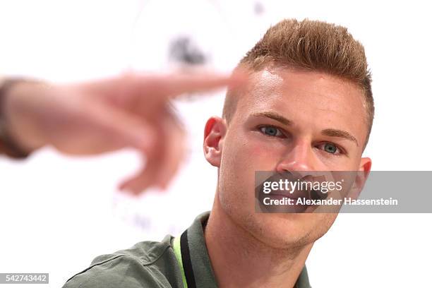 Joshua Kimmich of Germany looks on during a Germany press conference at Ermitage Evian on June 24, 2016 in Evian-les-Bains, France.