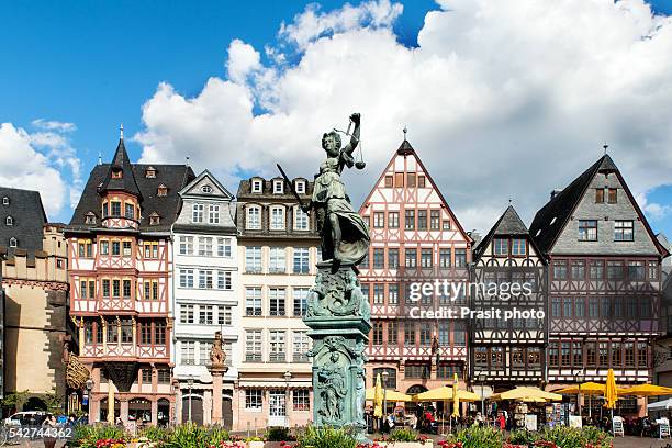 image of frankfurt, germany - old town square romerberg with justitia statue in frankfurt, germany. frankfurt is the largest city in the germany state of hesse. - frankfurt germany stock pictures, royalty-free photos & images