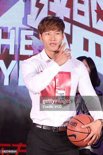 South Korean singer and TV personality Kim Jong-kook attends the press conference of TV reality show "The Players" on June 24, 2016 in Beijing, China.