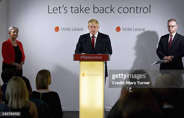 Conservative MP Boris Johnson speaks following the results of the EU referendum as Labour MP Gisela Stuart and Justice Secretary Michael Gove listen...