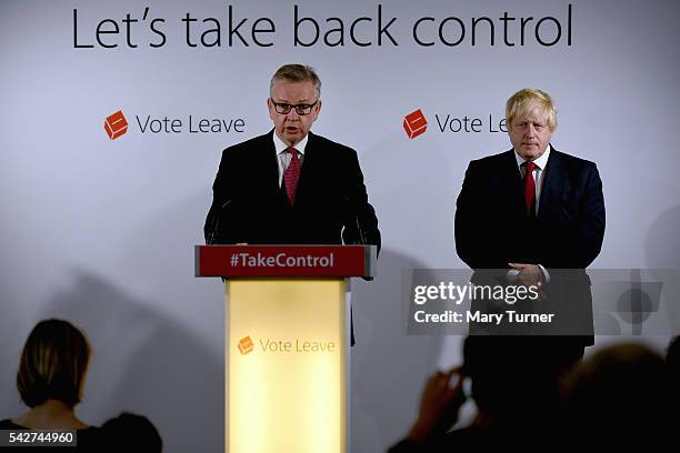 Conservative MP Boris Johnson listens to Justice Secretary Michael Gove speak following the results of the EU referendum at Westminster Tower on June...