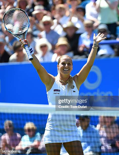 Dominika Cibulkova of Slovakia celebrates winning her women's quarter final singles match against Agnieszka Radwanska of Poland on day six of the WTA...