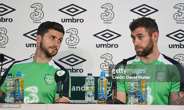Paris , France - 24 June 2016; Shane Long, left, and Daryl Murphy of Republic of Ireland during a press conference in Versailles, Paris, France.