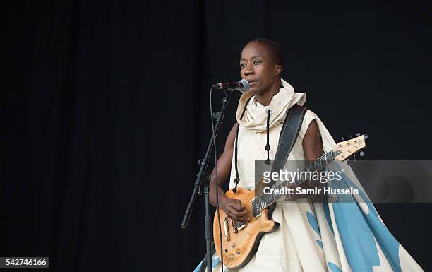 Rokia Traore, wearing a dress designed by London College of Fashion called 'Dress For Our Time' a decommissioned UNHCR tent, that has sheltered...