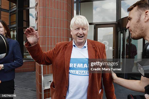 Stanley Johnson, father of Boris Johnson MP, speaks to journalists outside the Vote Leave campaign offices on June 24, 2016 in London, United...