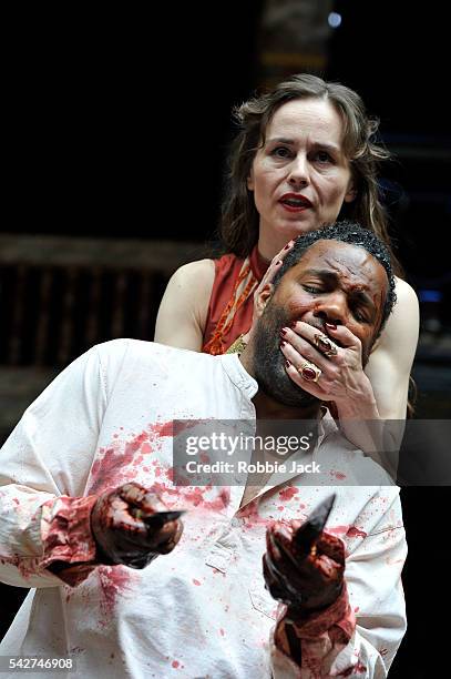 Ray Fearon as Macbeth and Tara Fitzgerald as Lady Macbeth in William Shakespeare's Macbeth directed by Iqban Khan at The Globe Theatre on June 22,...