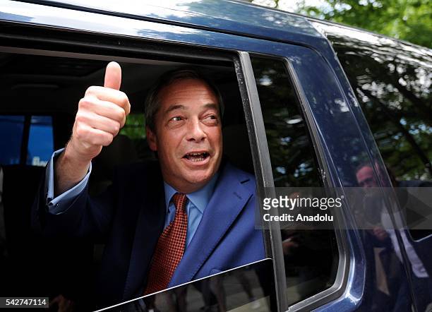 Nigel Farage leaves Milbank TV studios after the UK has voted by 52% to 48% to leave the European Union after 43 years in an historic referendum, in...