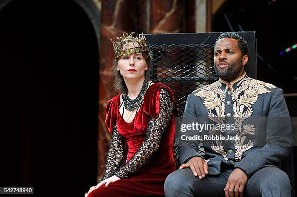 Ray Fearon as Macbeth and Tara Fitzgerald as Lady Macbeth in William Shakespeare's Macbeth directed by Iqban Khan at The Globe Theatre on June 22,...