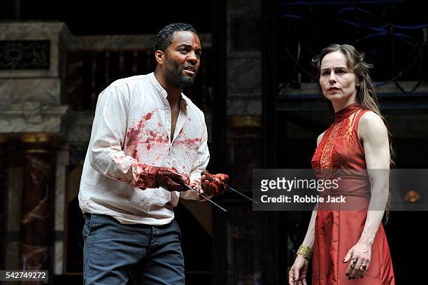 Ray Fearon as Macbeth and Tara Fitzgerald as Lady Macbeth in William Shakespeare's Macbeth directed by Iqban Khan at The Globe Theatre on June 22,...