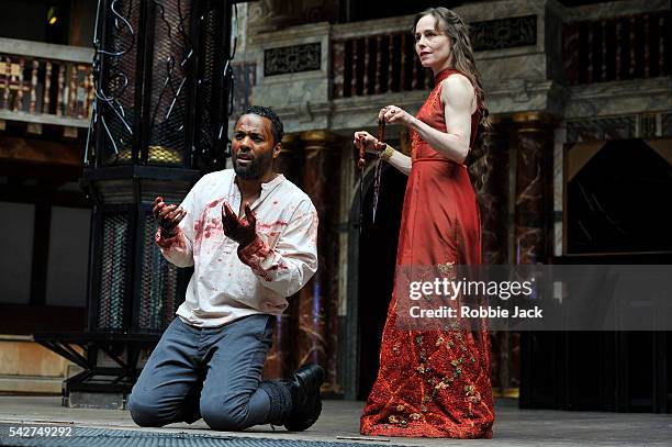 Ray Fearon as Macbeth and Tara Fitzgerald as Lady Macbeth in William Shakespeare's Macbeth directed by Iqban Khan at The Globe Theatre on June 22,...