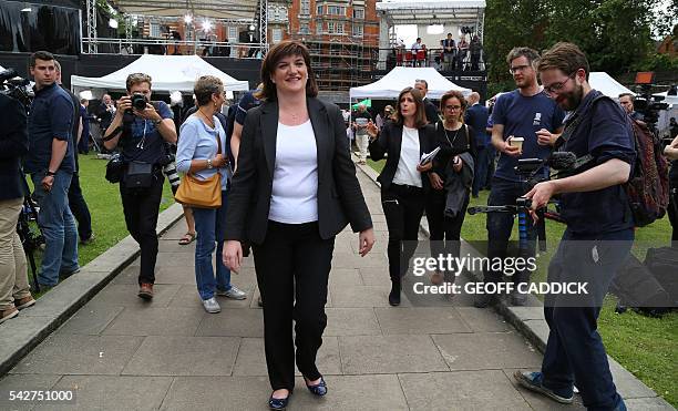 British Education Secretary and Minister for Women and Equalities Nicky Morgan reacts after speaking to members of the media near the Houses of...