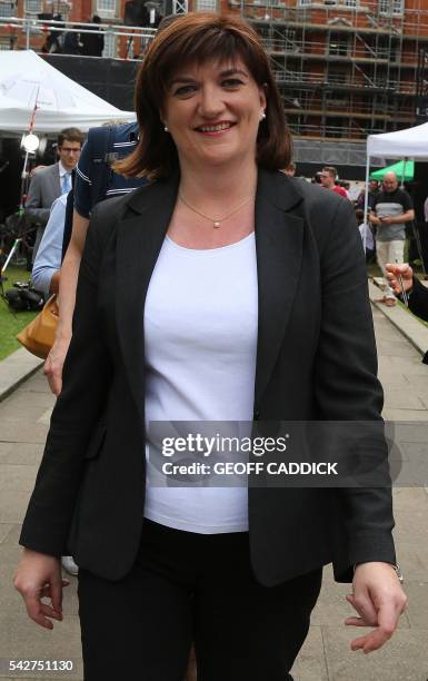 British Education Secretary and Minister for Women and Equalities Nicky Morgan reacts after speaking to members of the media near the Houses of...