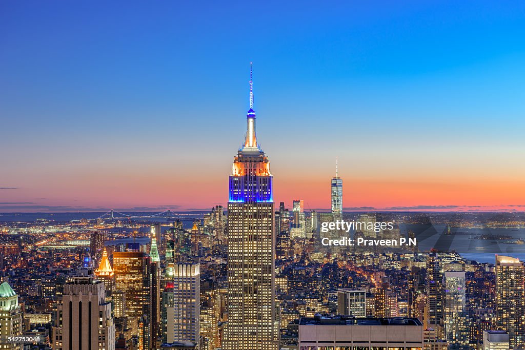 Manhattan skyline at sunset