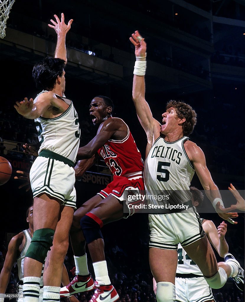 Chicago Bulls Michael Jordan in action vs Boston Celtics Kevin Mchale ...