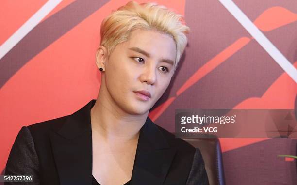 Singer Kim Junsu of JYJ attends a press conference to promote his album 'XIGNATURE' on June 23, 2016 in Shanghai, China.