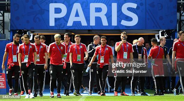 Wales players make their way onto the pitch during Wales Open Session prior to their Euro 2016 match against Northern Ireland at Parc des Princes on...