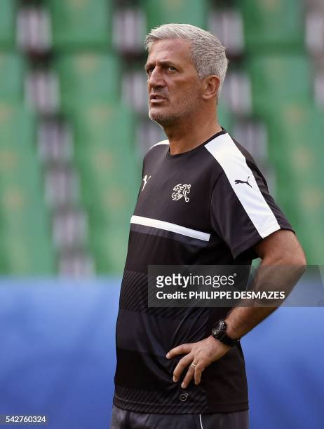 Switzerland's coach Vladimir Petkovic attends a training session at the Geoffroy Guichard stadium in Saint-Etienne, France, on June 24, 2016 on the...