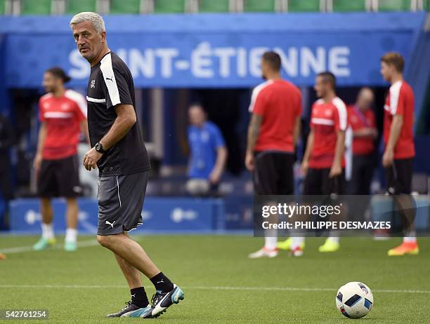 Switzerland's coach Vladimir Petkovic attends a training session at the Geoffroy Guichard stadium in Saint-Etienne, France, on June 24, 2016 on the...