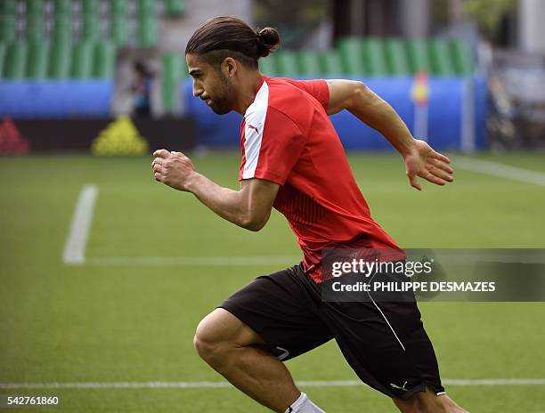 Switzerland's defender Ricardo Rodriguez attends a training session at the Geoffroy Guichard stadium in Saint-Etienne, France, on June 24, 2016 on...