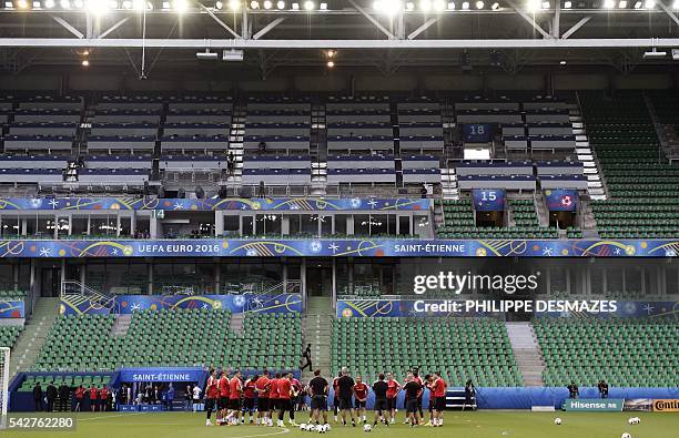 Switzerland's players attend a training session at the Geoffroy Guichard stadium in Saint-Etienne, France, on June 24, 2016 on the eve of the Euro...