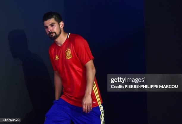 Spain's forward Nolito arrives to hold a press conference at Saint-Martin-de-Re's stadium on June 24, 2016 during the Euro 2016 football tournament.