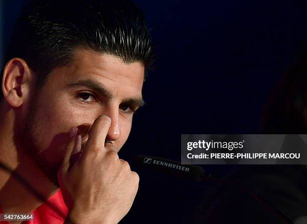 Spain's forward Nolito attends a press conference at Saint-Martin-de-Re's stadium on June 24, 2016 during the Euro 2016 football tournament. / AFP /...