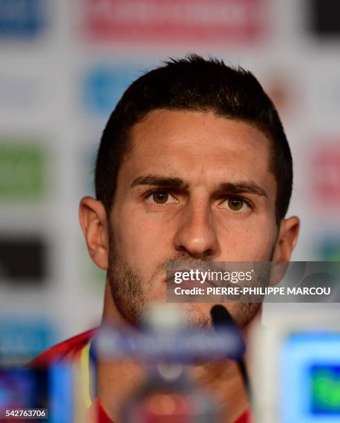 Spain's midfielder Koke attends a press conference at Saint-Martin-de-Re's stadium on June 24, 2016 during the Euro 2016 football tournament.