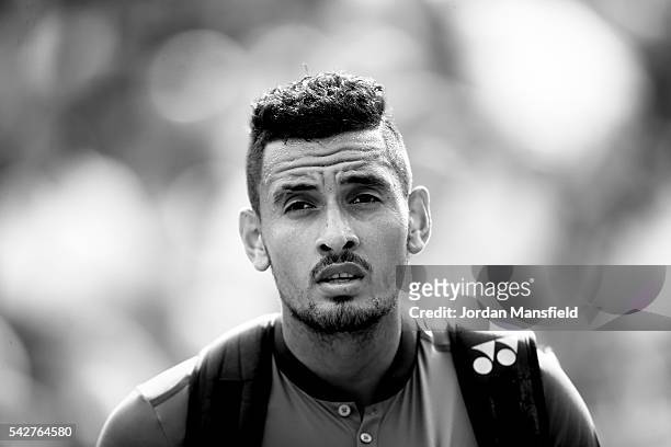 Nick Kyrgios of Australia looks on as he walks off court after his match against Alexander Zverev of Germany during day four of The Boodles Tennis...